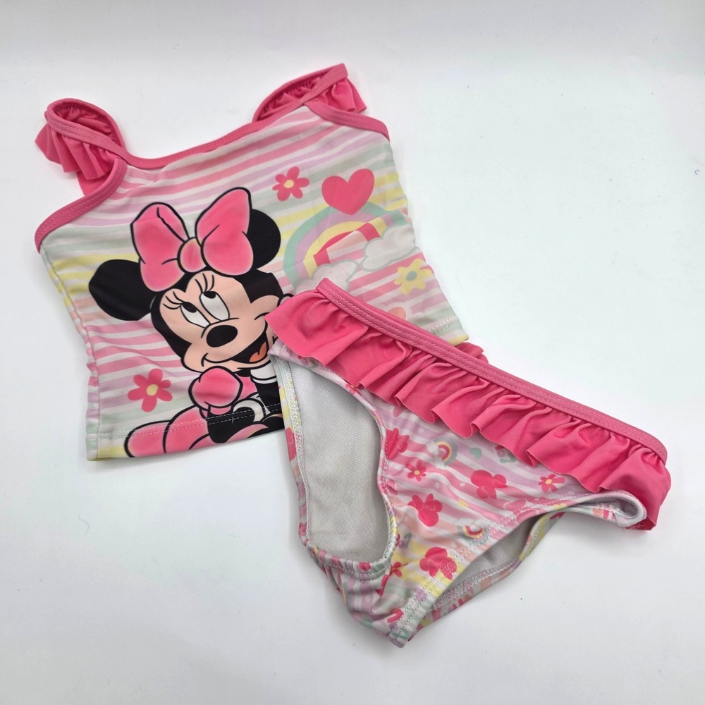 Disney Minnie Mouse Pink‎ Striped Ruffle 2 Piece Tankini Swimsuit Girls Size 18M